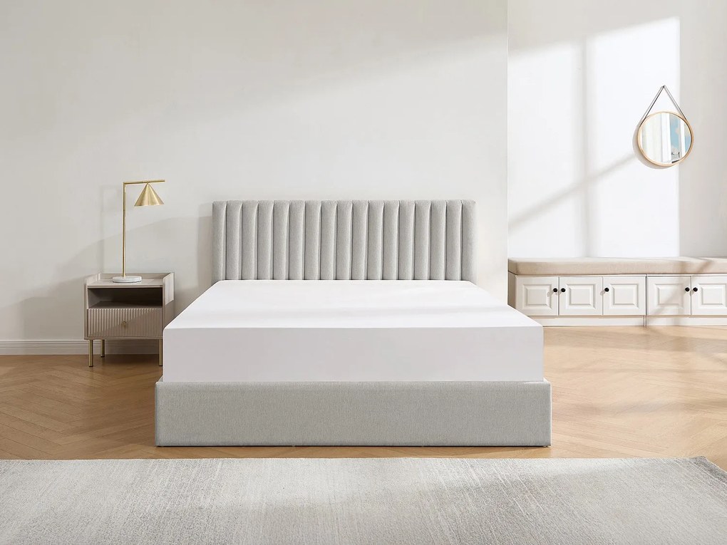 Łóżko ze skrzynią  140 x 190 cm – Tkanina – Jasnoszary + Materac - SARANELI