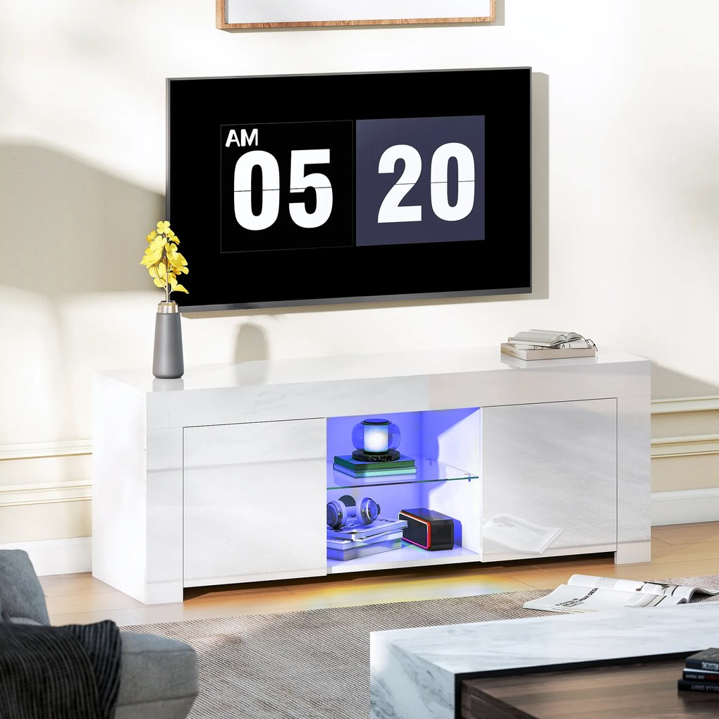 HOMCOM Stolik RTV z LED biała szafka pod telewizor do salonu z półką szklaną i otworami na kable | Aosom PL
