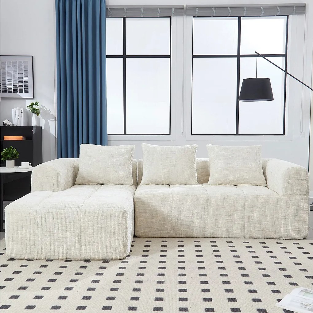 Sofa w kształcie litery L, beżowa szenilowa, sofa trzyosobowa z podłokietnikami i poduszkami, odpowiednia do salonu i biura