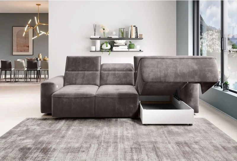 Narożnik COLOMBO Mini Prawostronny z elektryczną funkcją spania pojemnikiem PALLADIUM 05 Brązowy WERSAL