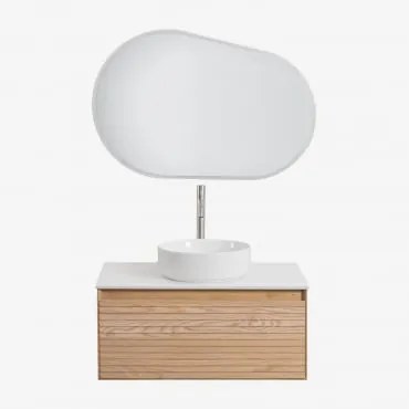 Zestaw Wiszących Mebli Łazienkowych Z Drewna Jesionowego Tedrik Popielaty Brąz & Okrągły Ceramiczny Biały Ø40 - Sklum