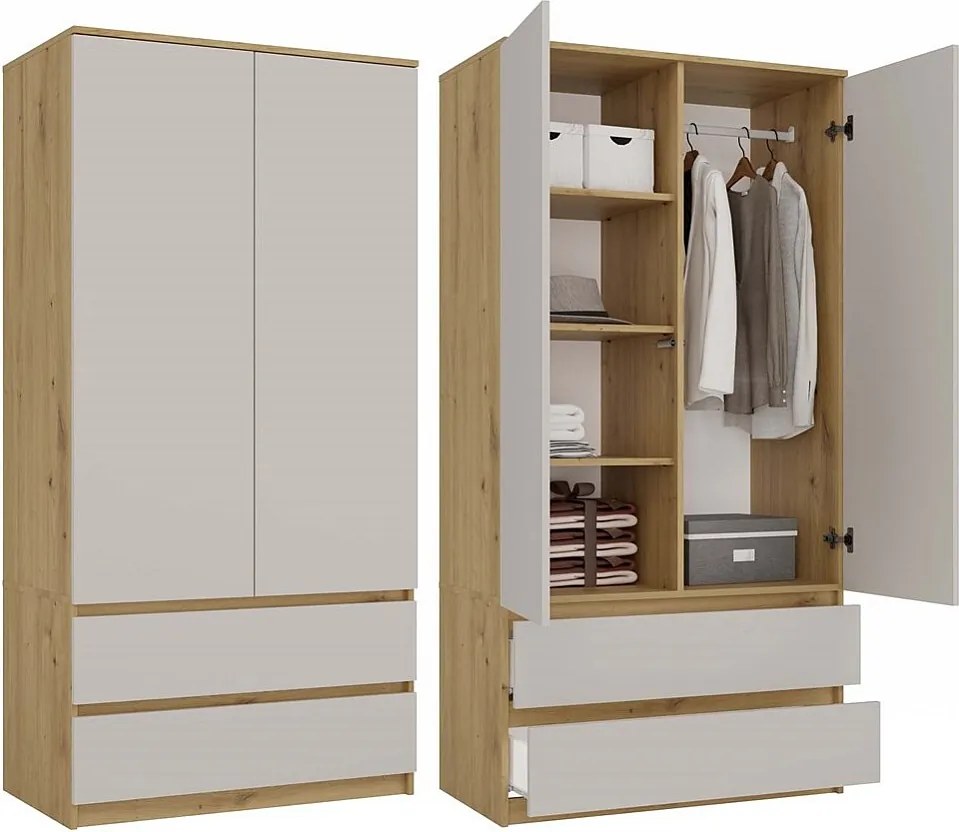 Malwa SS-90 | Dąb Artisan/Kaszmir | 90x50x180 cm | Szafa 2 Drzwi 2 Szuflady