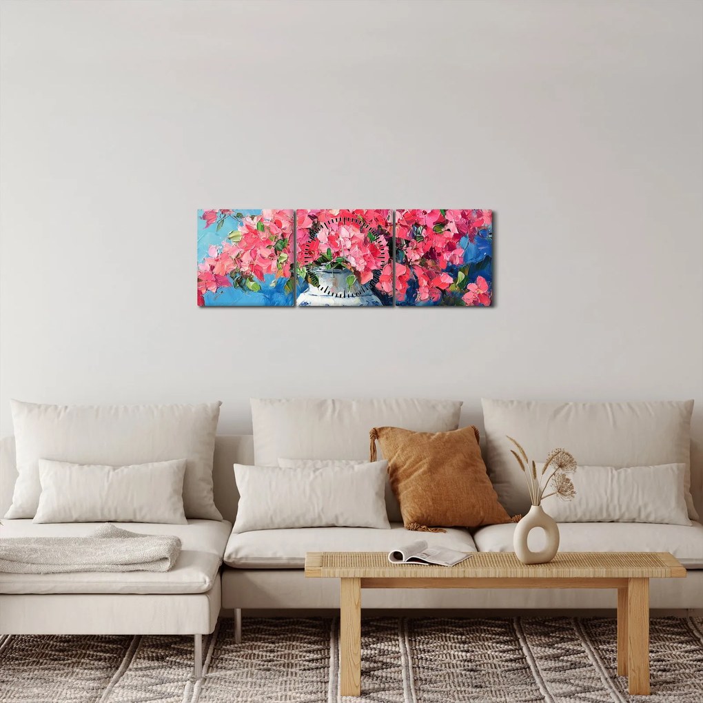 Obraz - Wazon z różowymi kwiatami (z zegarem) (90x30 cm)