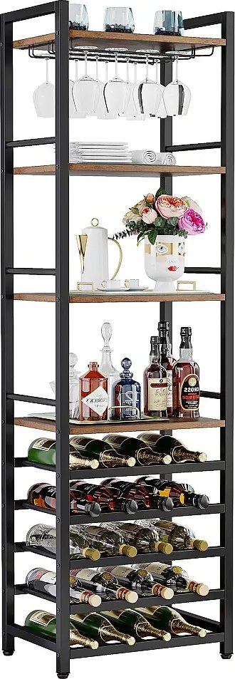 Stojak na wino, 9-poziomowy wolnostojący stojak na butelki z uchwytem na szklanki i półkami do przechowywania, stojak na butelki wina, rustykalny brąz