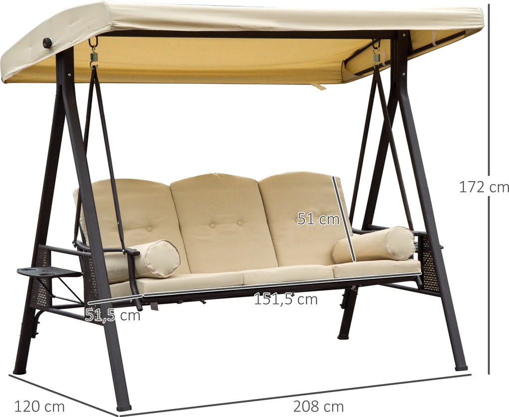 Huśtawka ogrodowa Outsunny 3-osobowa z dachem, beżowo-brązowa, 121×208×172 cm