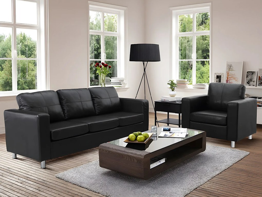 Komplet wypoczynkowy 3+1 z ekoskóry ACKLEY - Czarny