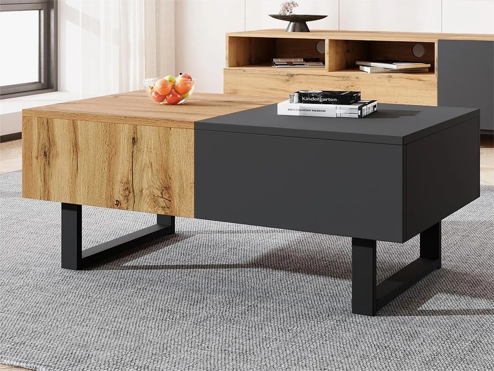 Stolik kawowy z drewna i metalu - z ukrytymi schowkami - Naturalny i Szary