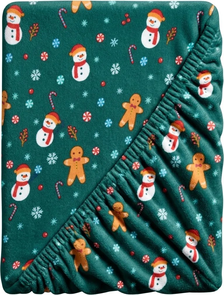 PrzytulneMieszkanie.pl Prześcieradło z mikropluszu SNOWMAN AND GINGERBREAD 90x200 cm zielone
