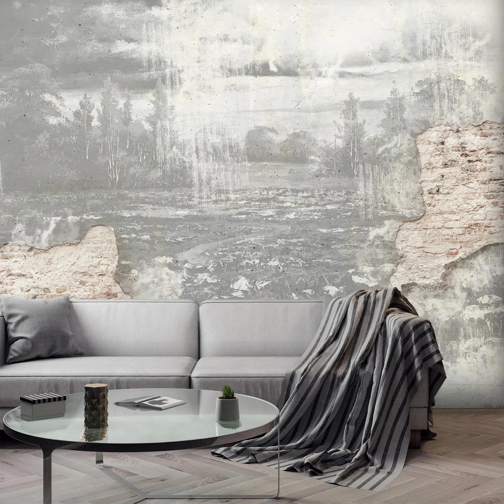 Fototapeta - Łąka w betonowej ścianie - czarno - biała (196x136 cm)