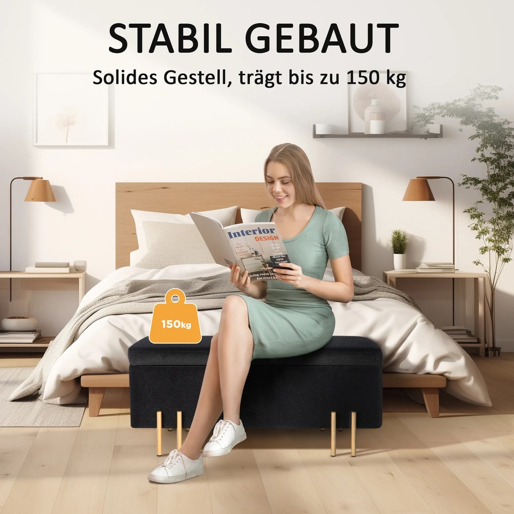 HOMCOM Ławka tapicerowana z miejscem do przechowywania, Metal, Drewno kauczukowe, Pianka, 100 x 40 x 42 cm, Czarny