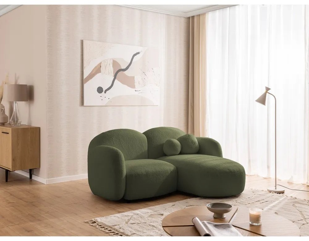 Zielony narożnik z materiału bouclé (prawostronny/z szezlongiem) Orbit – Ropez