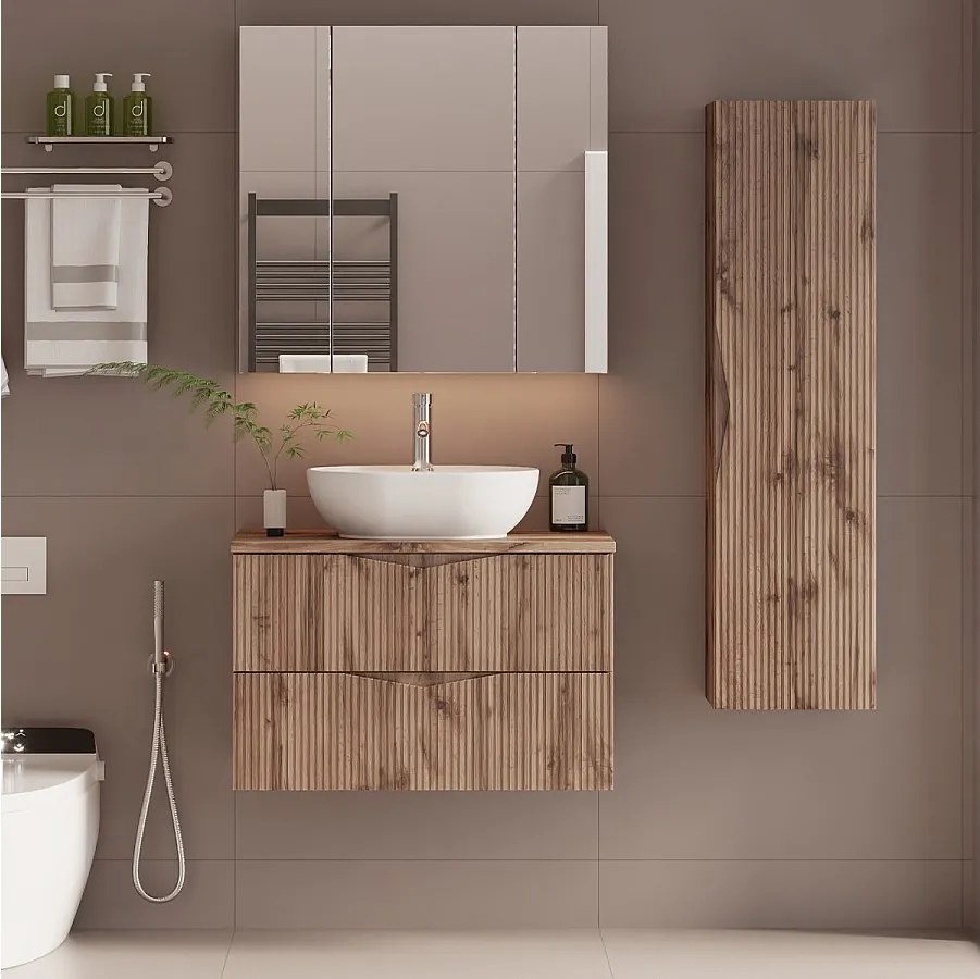 Zestaw do Łazienki 80cm Szafka z Blatem Umywalka Słupek Ryflowane Fronty Dąb Wotan Cleo