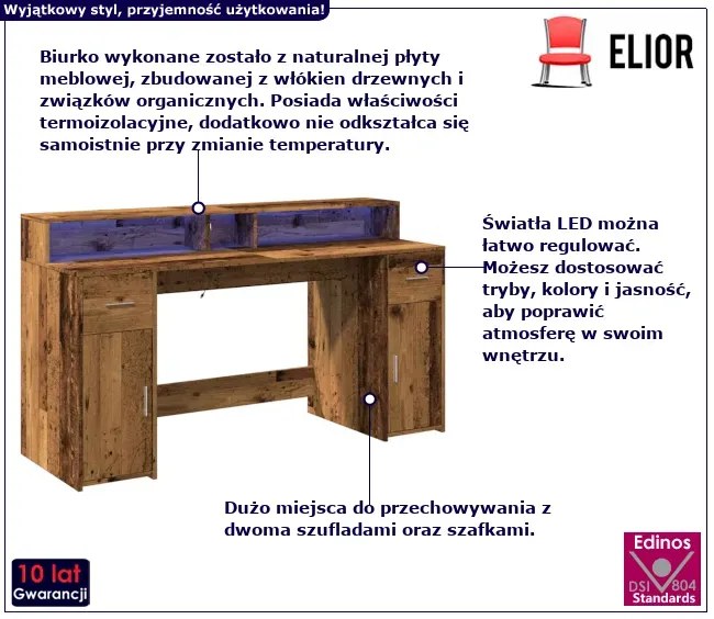 Biurko podświetlane 160 cm stare drewno E2-A11
