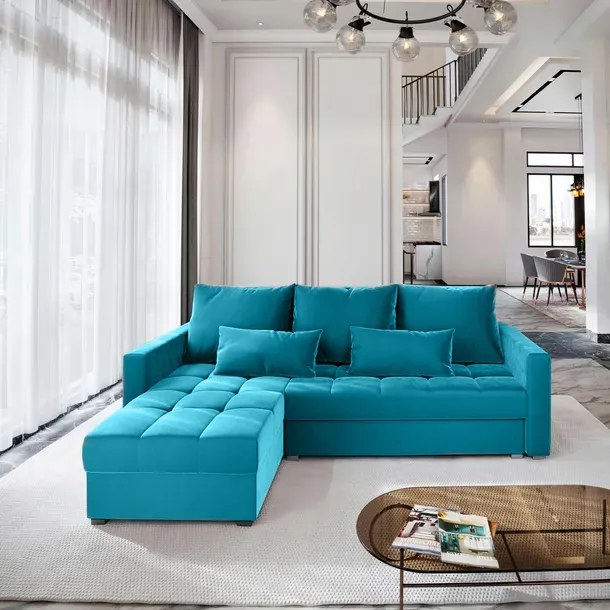 PROMOCJA Niebieska rozkładana sofa narożna ZENOVA 220x140 cm, dwustronna II jakość