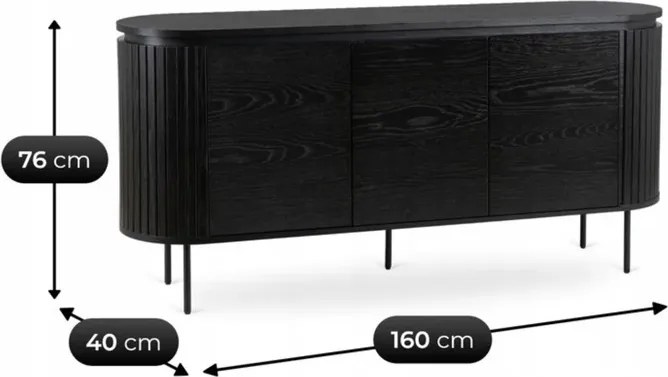 Komoda do Salonu BECK 160 cm Czarna Trzydrzwiowa Ryflowana Nowoczesna