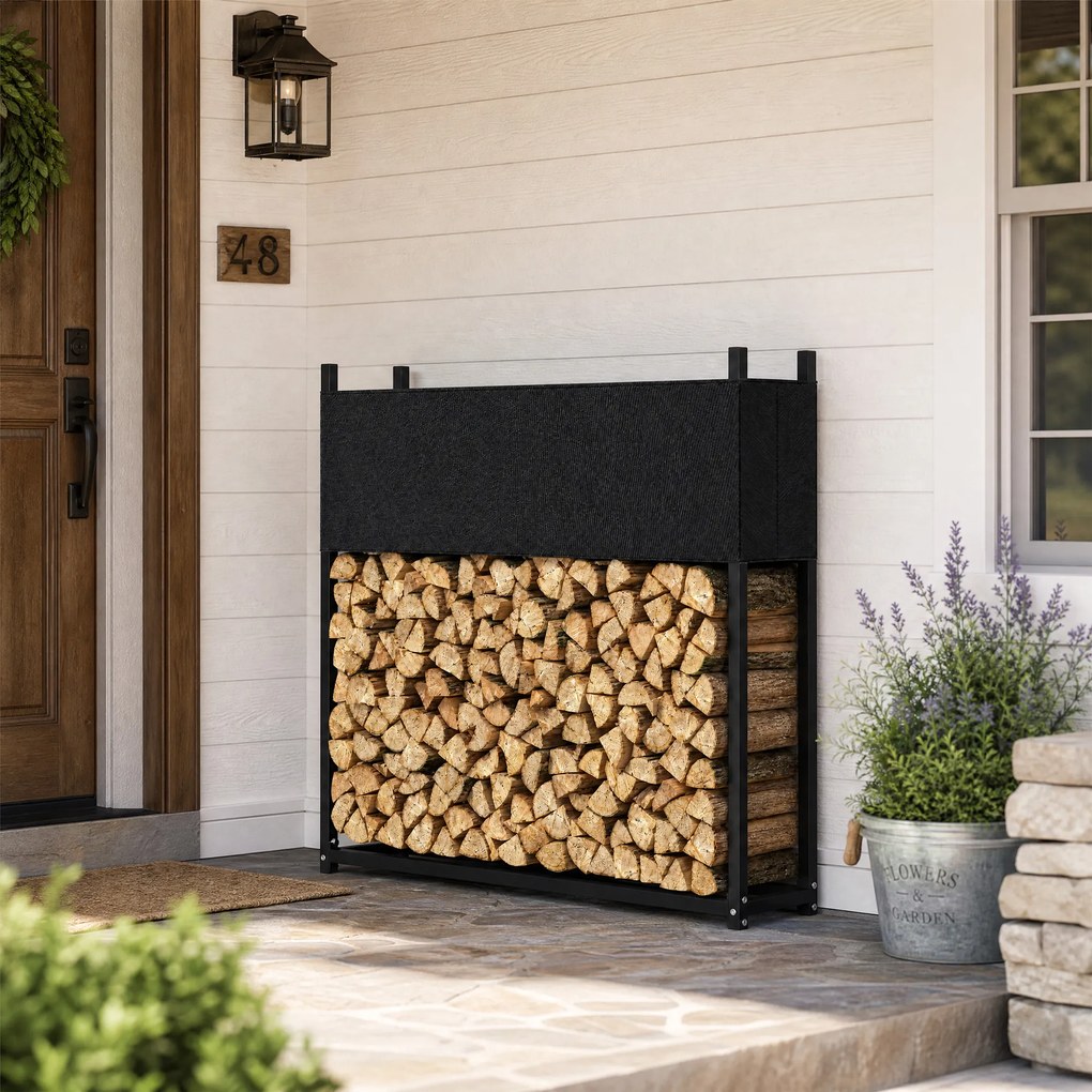 Outsunny Stojak na drewno 106 x 25 x 113 cm regał na drewno z pokrowcem 600D-Oxford rama stalowa do 250 kg Czarny | Aosom PL