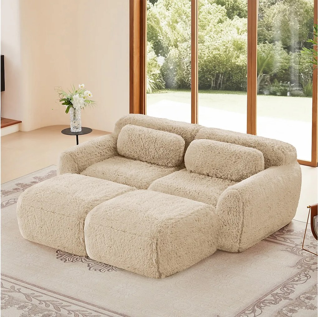 Modułowa Sofa Narożna w tkaninie pluszowej, z 2 pufami i 2 poduszkami, 204x179x73cm, Khaki