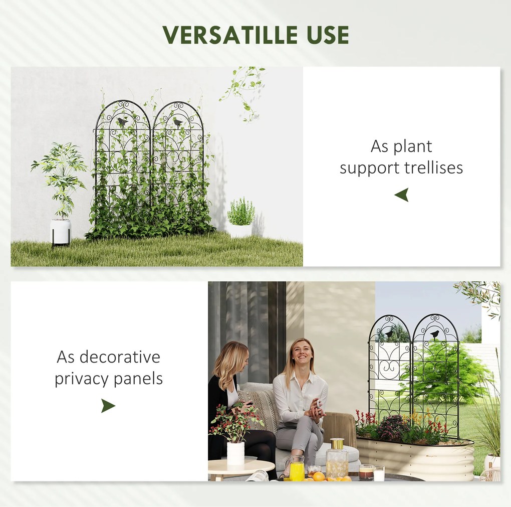 Metalowe Kratki na Róże 2 szt. Outsunny Zestaw, Odporny na Rdzę, dla Roślin Pnących z Motywem Ptaków 50x120 cm, Czarny