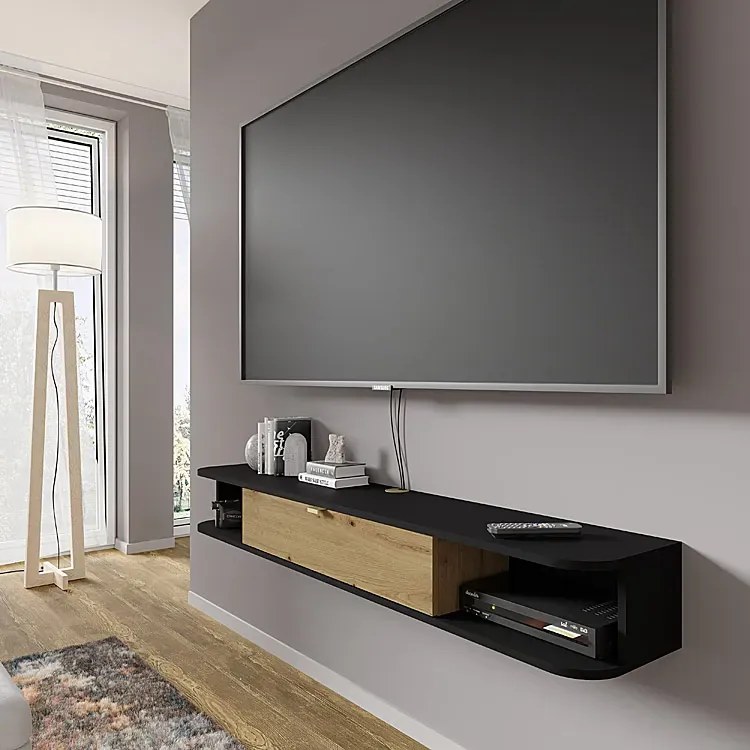 Podwieszana szafka rtv czarny + dąb artisan R7-M52