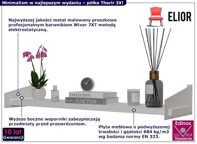 Biała półka ścienna z metalowymi wspornikami E0-W05