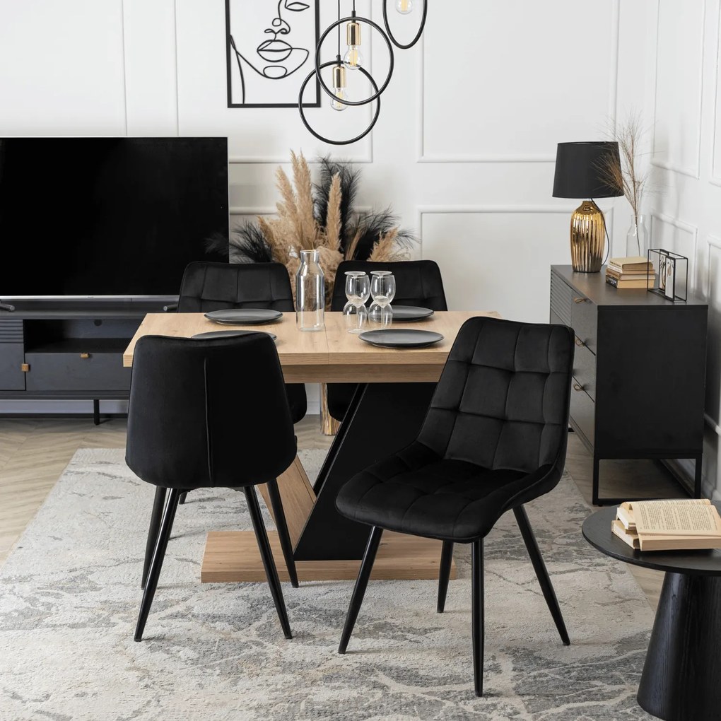 Zestaw Stół Prostokątny Rozkładany CLARK 120-160 cm Dąb Artisan/Czarny i 4 Krzesła Tapicerowane RIO Czarne Welurowe