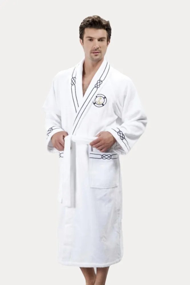 Męski szlafrok MARINE MAN w ozdobnym opakowaniu + ręcznik + kapcie M + kapcie (40/42) + ręcznik + box Biały
