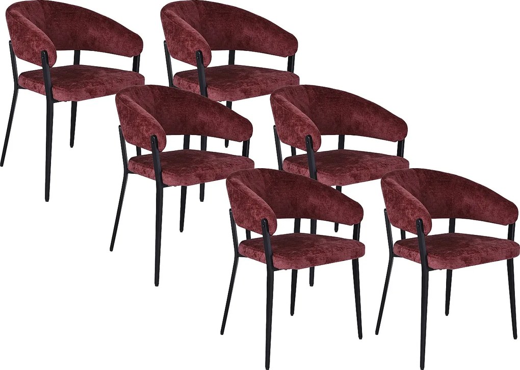 Zestaw 6 krzeseł z podłokietnikami z teksturowanej tkaniny i czarnego metalu - Bordowy - AVRELA