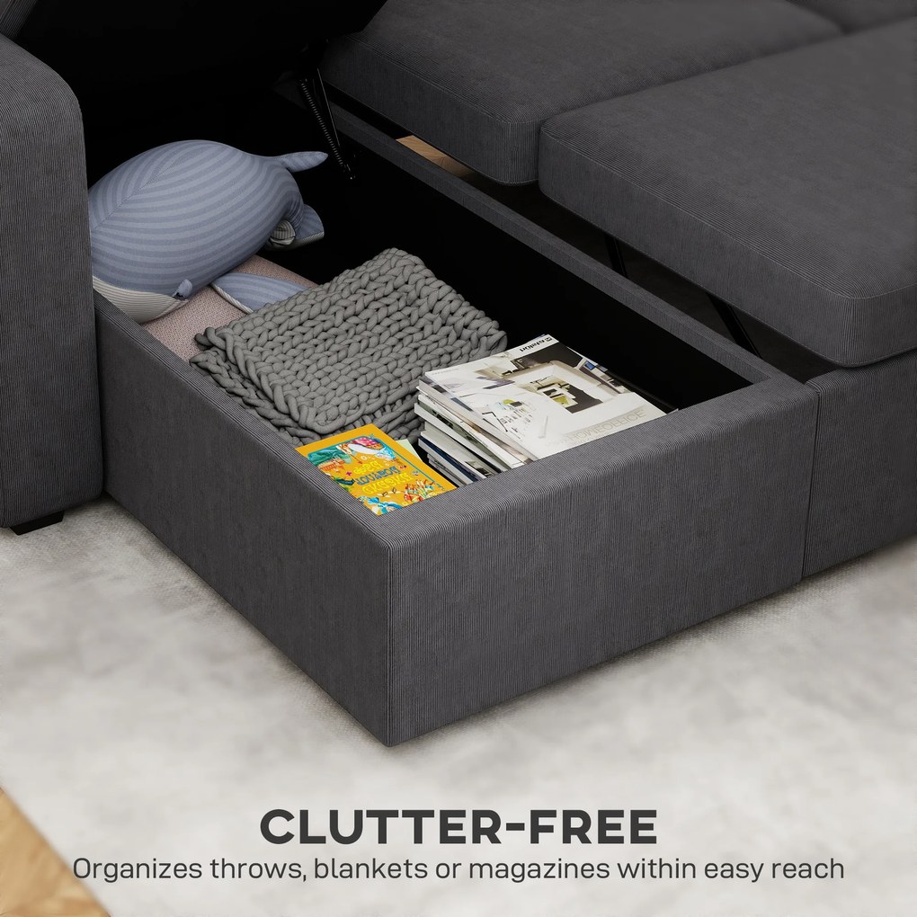 HOMCOM Regulowana sofa rozkładana w kształcie L, narożna sofa dla gości z funkcją łóżka, schowkiem, poduszkami, do salonu, pokoju gościnnego, szara