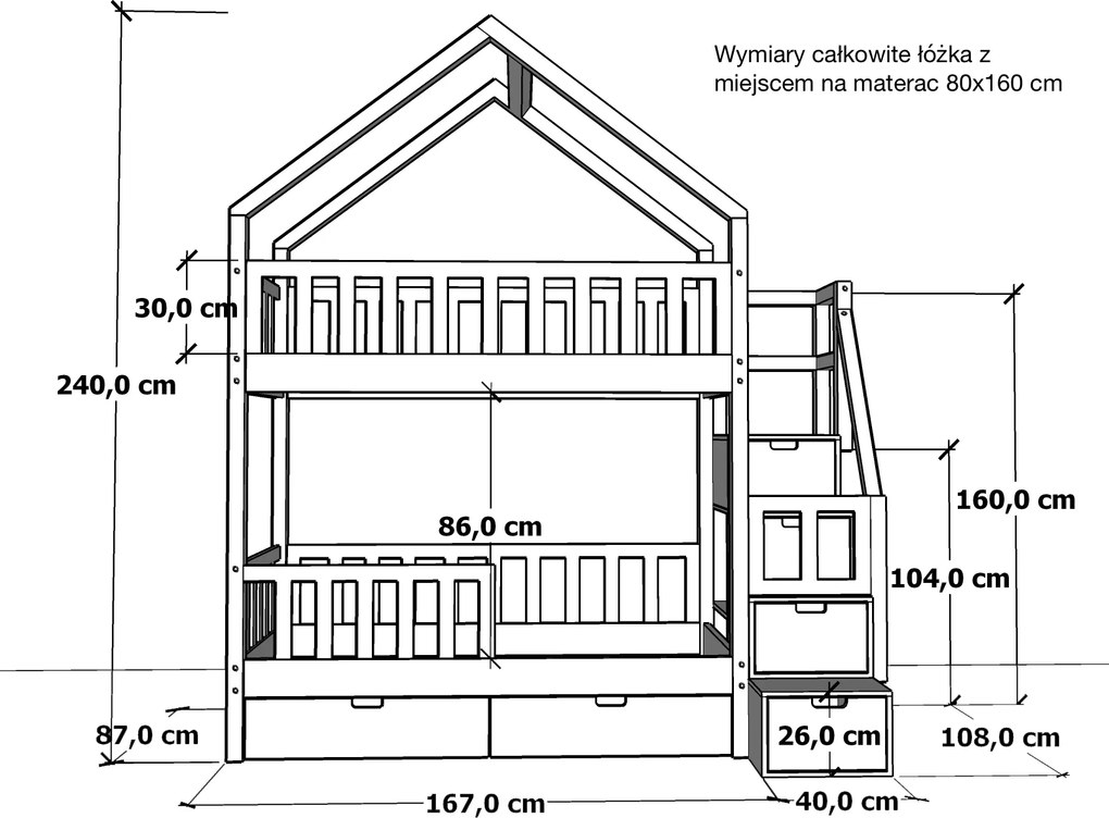 Łóżko piętrowe domek Marulla 108P ze schodkami, barierkami i otwartym daszkiem