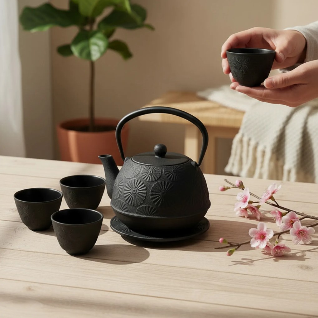 Dzbanek żeliwny z czarkami i podstawką KOGA, 1200 ml