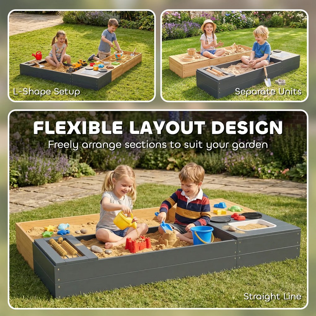 AIYAPLAY Piaskownica 2-częściowa 150x90 cm drewniana z siedziskiem, schowkiem, płytą grzewczą, wyjmowanym zlewozmywakiem i koralikami abakusa, żółta | Aosom PL