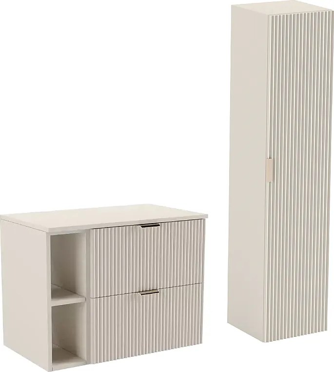 Kaszmirowy Zestaw Łazienkowy 80cm Szafka Blat Regał Słupek Ryflowane Fronty