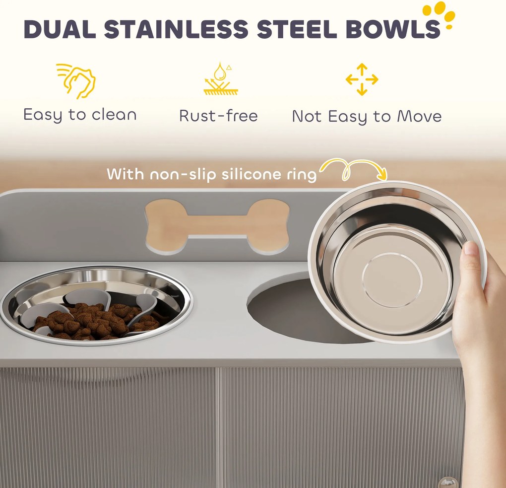 PawHut Podwyższona stacja karmienia z 2 miskami i szafką, MDF, stal nierdzewna, motyw kości, szary