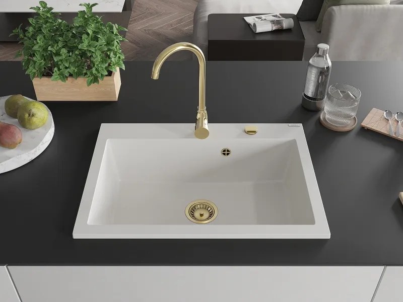 Mexen Elix zlewozmywak granitowy 1-komorowy 700 x 500 mm, biały, syfon złoty - 6526701005-20-G