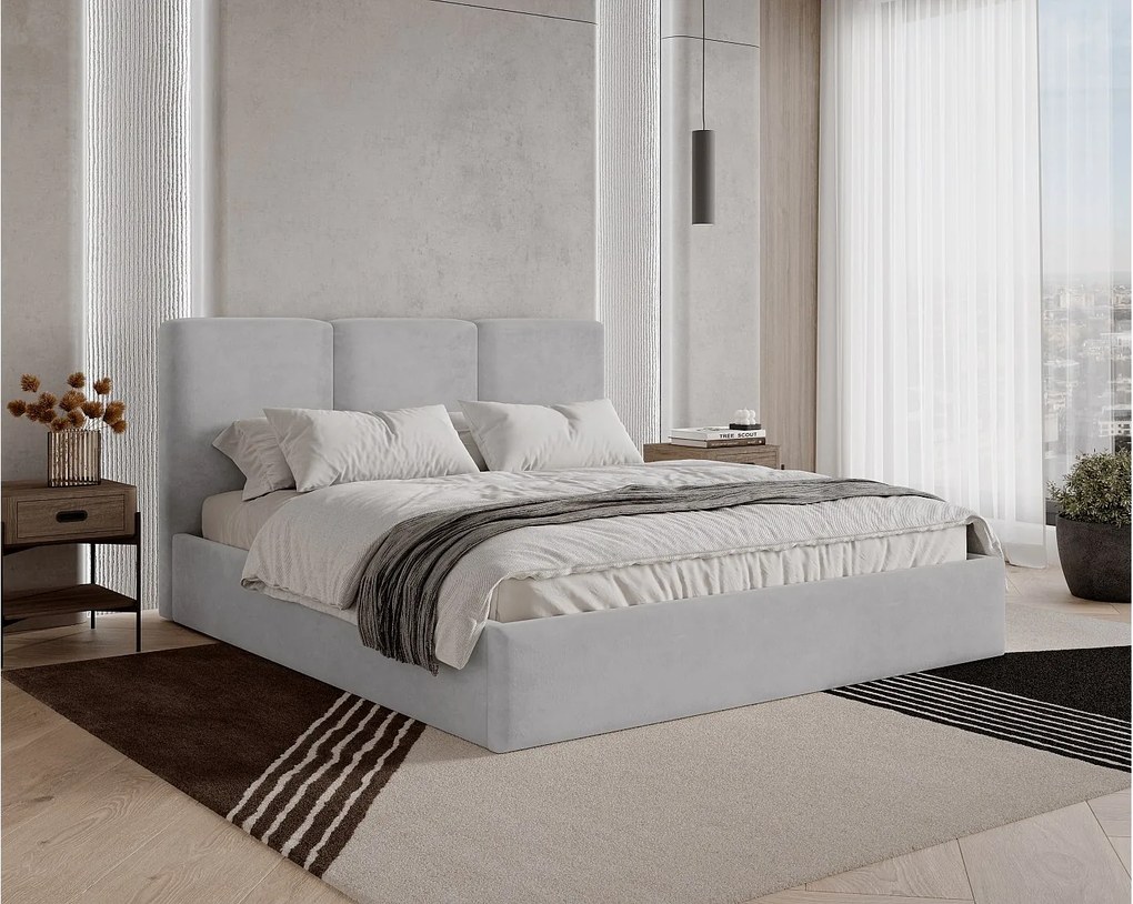 BESILIO Łóżko tapicerowane z pojemnikiem 140x200 Mira - Łóżko slim, łóżko minimalistyczne, stelaż metalowy- Jasnoszary