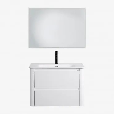 Zestaw Wiszących Mebli Łazienkowych 80x50 Cm Z Drewna Zintegrowany Z Umywalką Egerton Biała & Prostokątna Lampa Led - Sklum