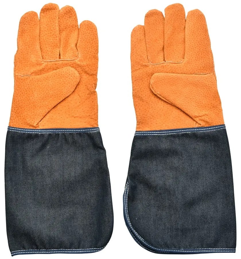 Niebiesko-pomarańczowe rękawice ogrodowe z ochroną nadgarstka Esschert Design Denim