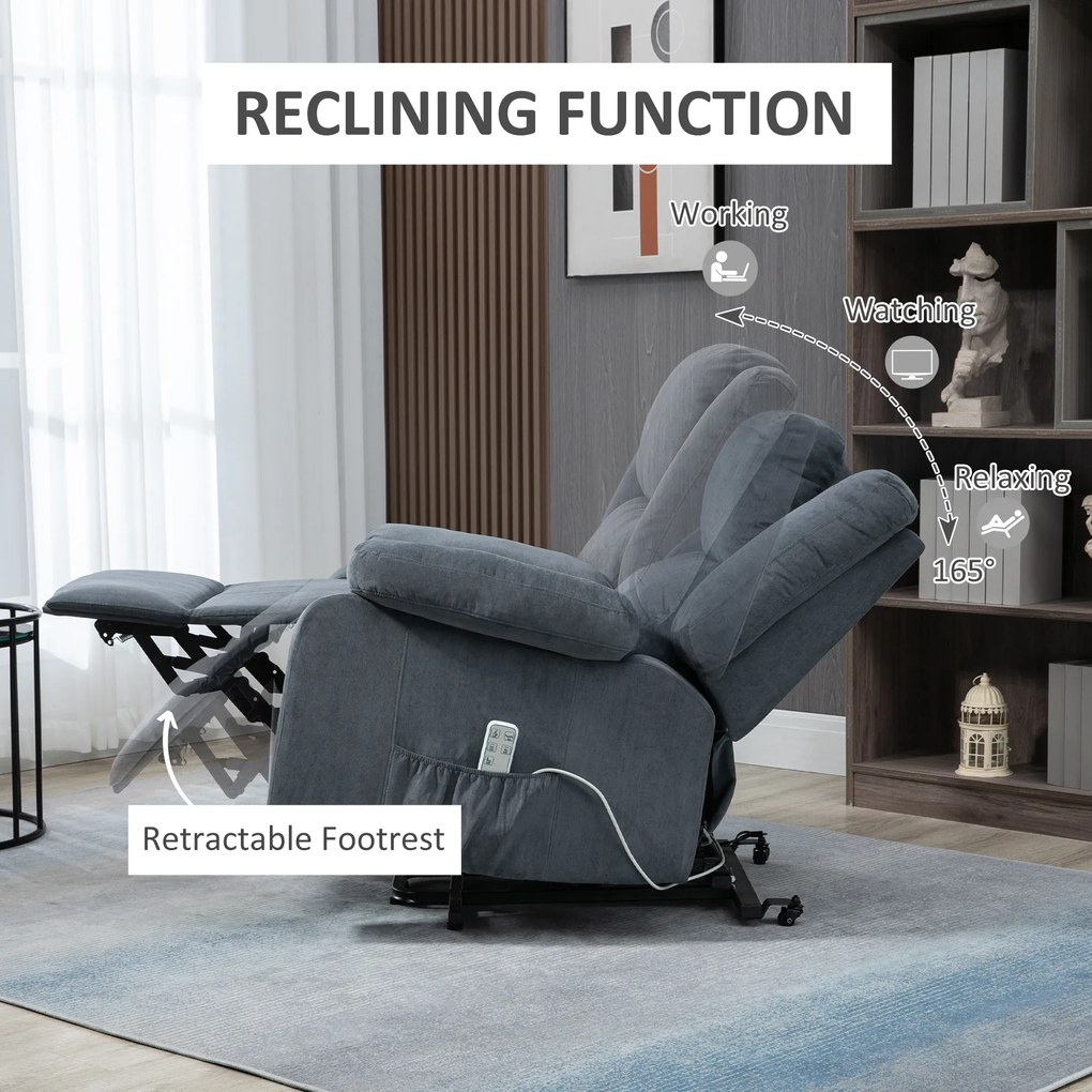 HOMCOM Fotel relaksacyjny z funkcją podnoszenia i pilotem welur szary 92x93x105 cm | Aosom PL