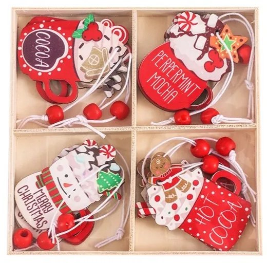 Zestaw HOT DRINKS Świąteczne dekoracje drewniane, 12 szt