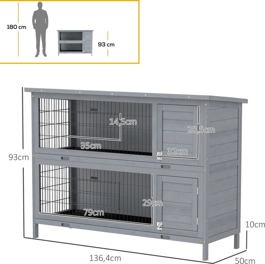 PawHut Klatka dla królików z drewna z 2 poziomami, dach z papy, tacki na dno, drzwi dla małych zwierząt, 136,4 x 50 x 93 cm, szara | Aosom PL