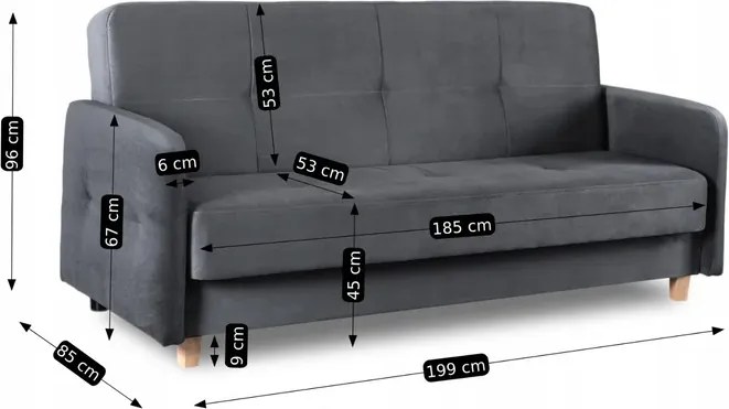 Wersalka z Funkcją Spania CUBA Rozkładana Dwuosobowa Szara do Salonu