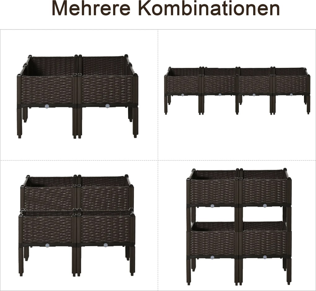 Outsunny podwyższona grządka 6-częściowa skrzynia na rośliny z otworami odpływowymi o wyglądzie rattanu kwietnik DIY kolor brązowy 40 x 40 x 44 cm