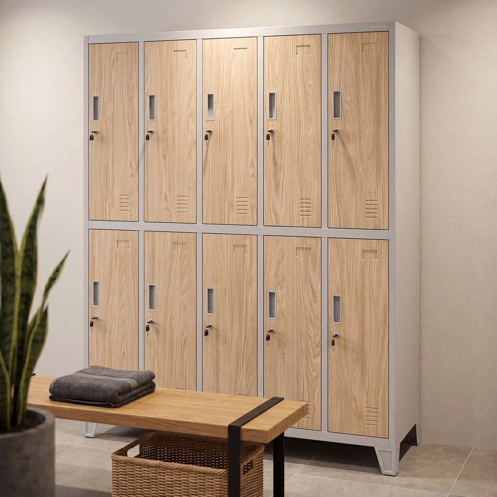 Szafa BHP ubraniowa 10-drzwiowa szara / dąb sonoma: Eco Design BARTEK 1360 x 1720 x 450 mm