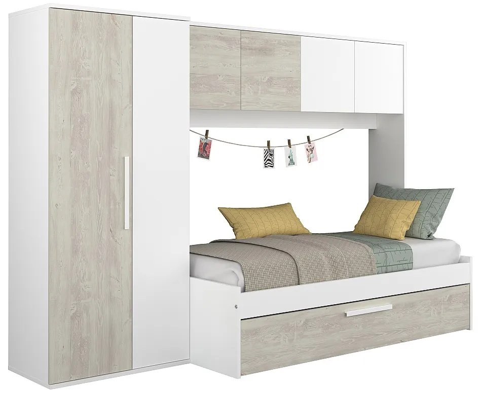 Łóźko wysuwane 2 x 90 x 200 cm - Z szafą - Białe i naturalne - LUMOKA