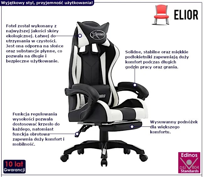 Czarno-biały fotel gamingowy z podnóżkiem - Arvola 4X