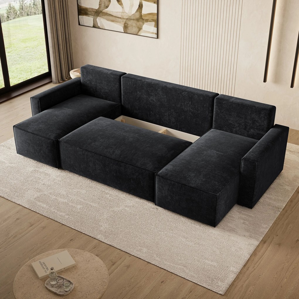 Masseno Narożnik ASPRA z funkcją spania i pojemnikiem na pościel Narozniki U, Rozkładana sofa - Czarny, LUMO 80