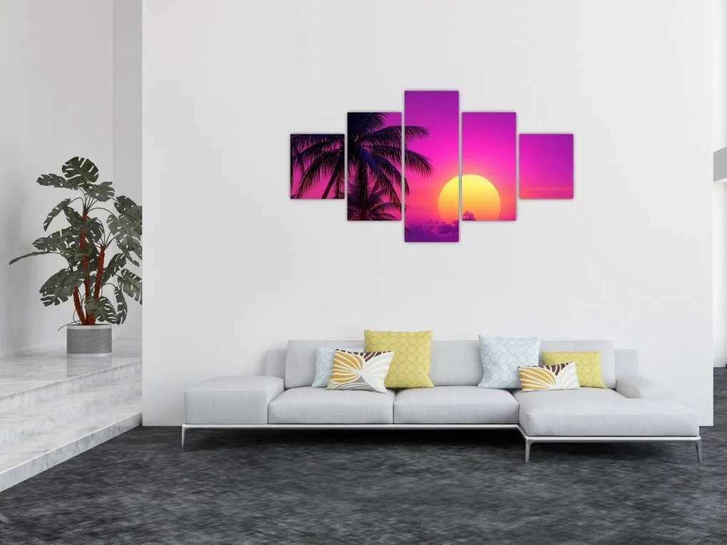 Obraz - Fioletowy zachód słońca z palmą (125x70 cm)