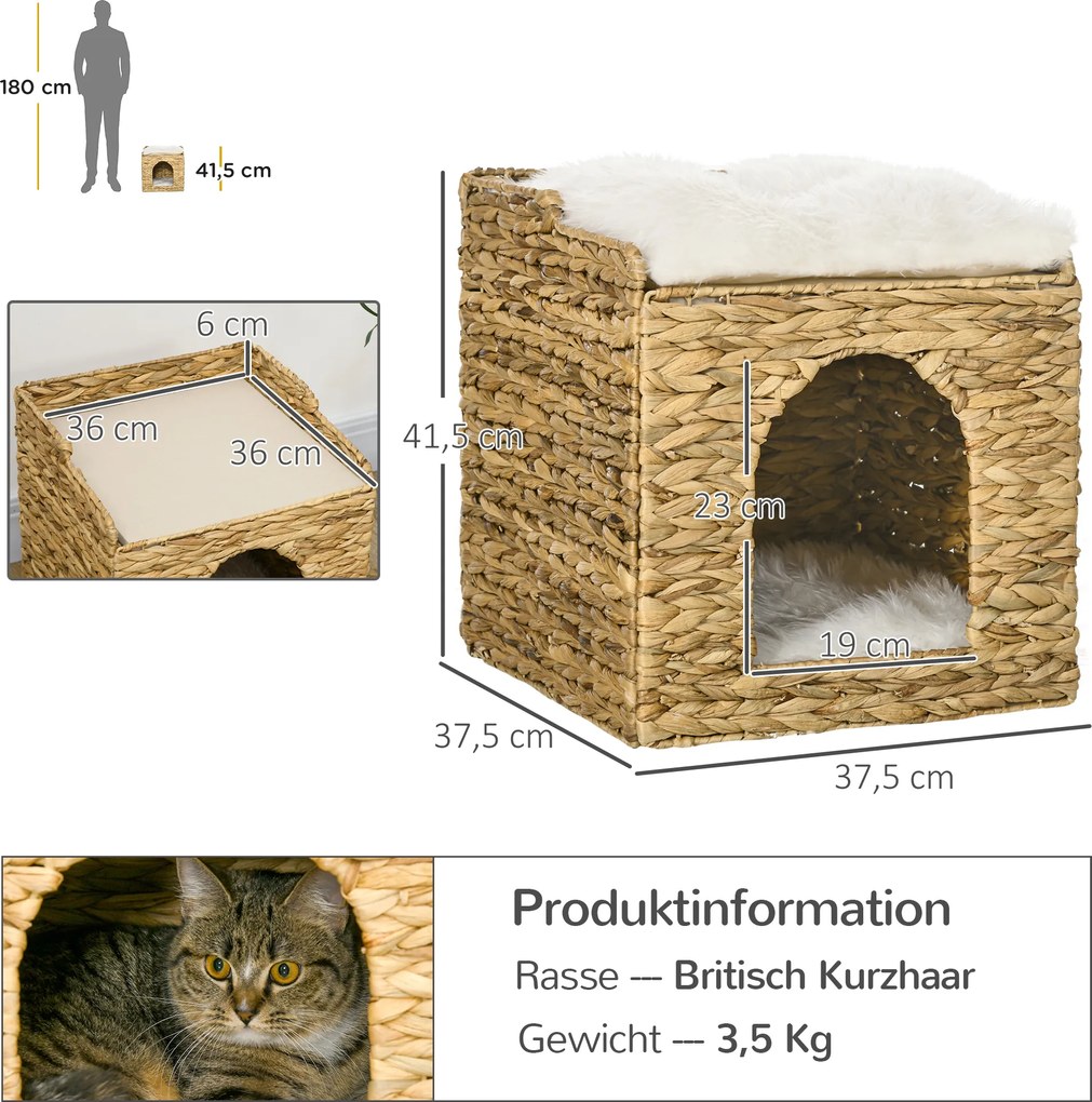 PawHut Rattanowy domek dla kotów 2 poziomy Jaskinia z poduszką Chatka | Aosom PL