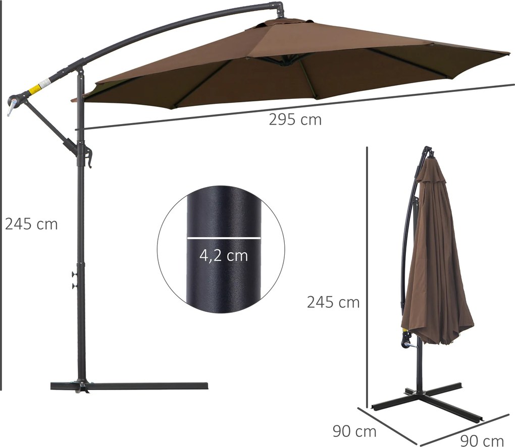 Outsunny Parasol Ogrodowy z Korbką Wodoodporny 3 m x 2,5 m, Stal i Poliester, Kolor Kawa
