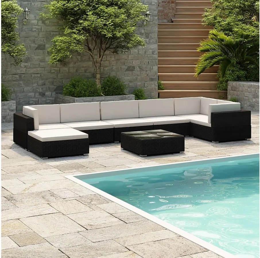 Komplet Mebli Ogrodowych 8-elementowy z Czarnym Rattanem i Wygodnymi Poduszkami